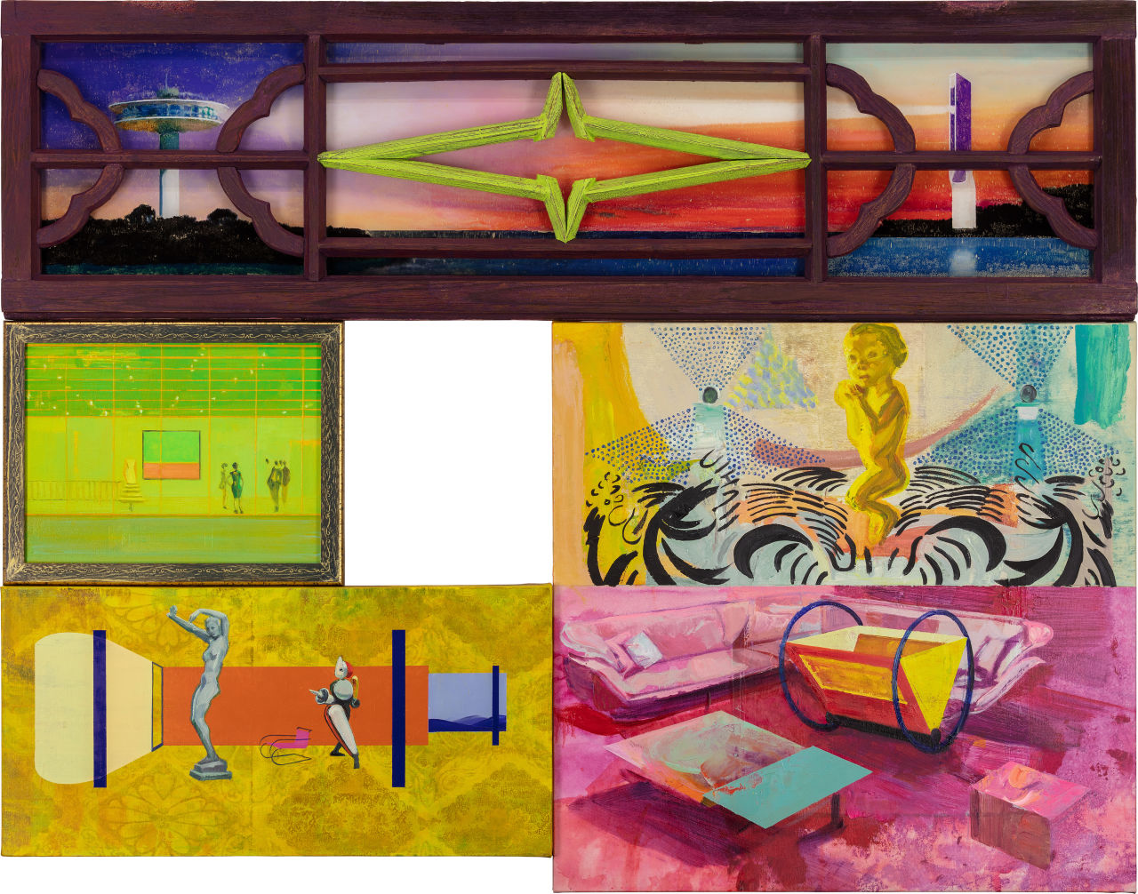 《灯塔与摇篮》，古董木窗、油彩、有机玻璃、亚麻画布、画框，117.5x149.5x5厘米，2024 图/受访者提供